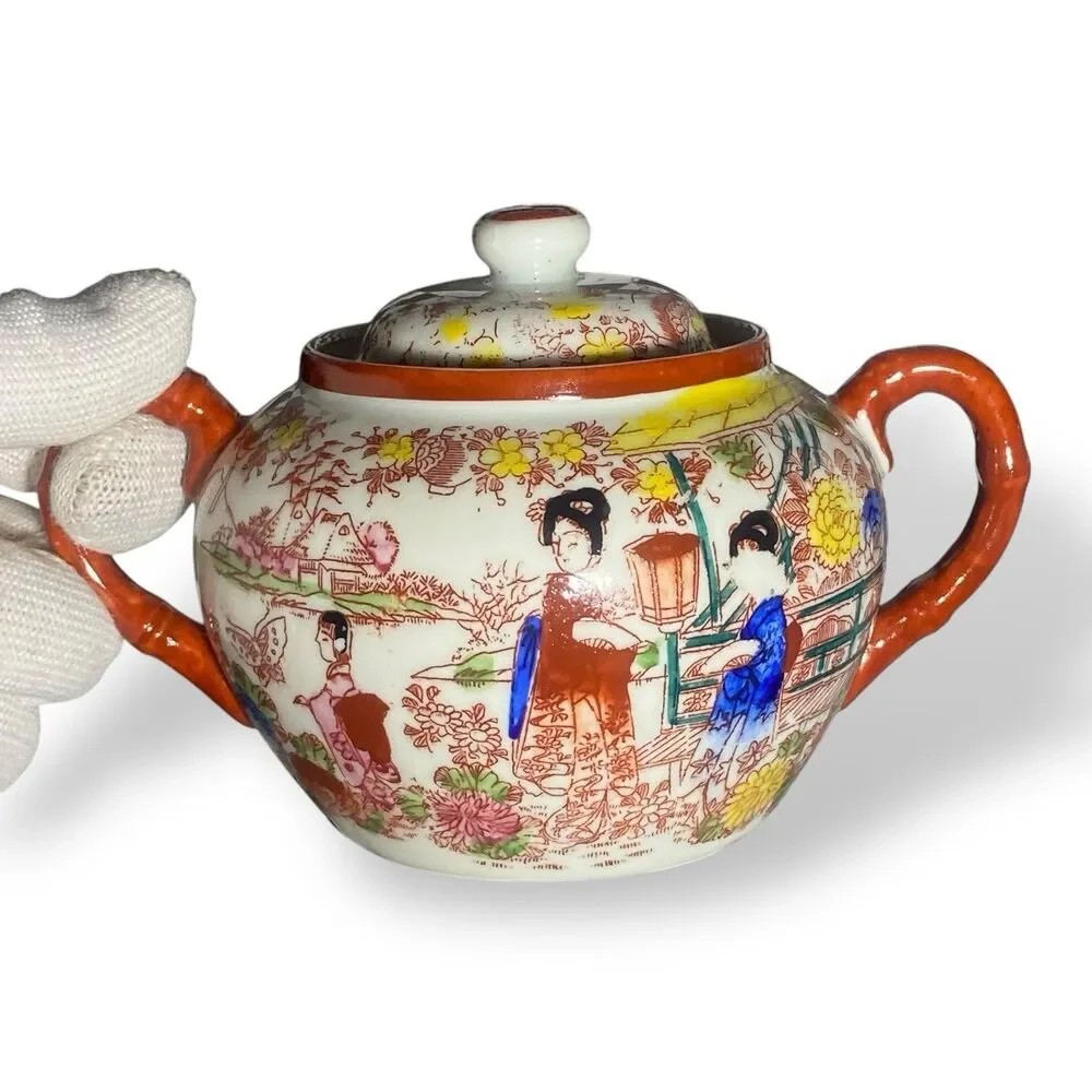 Antique Japanese Kutani Porcelain Tea Set Teapot Sugar Bowl Creamer Floral